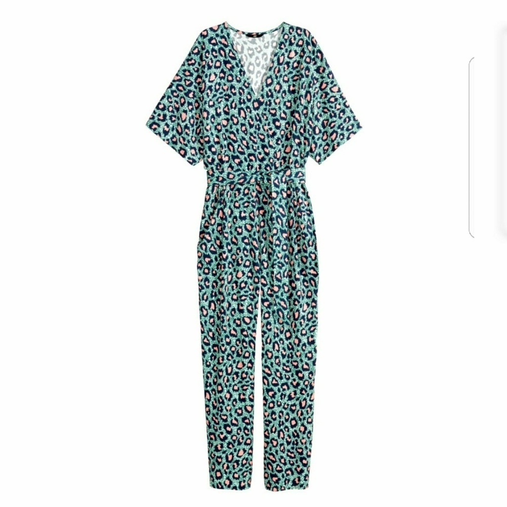 H&M TREND // ltd ed retro-chic turquoise leopard faux wrap jumpsuit - Picture 2 of 2